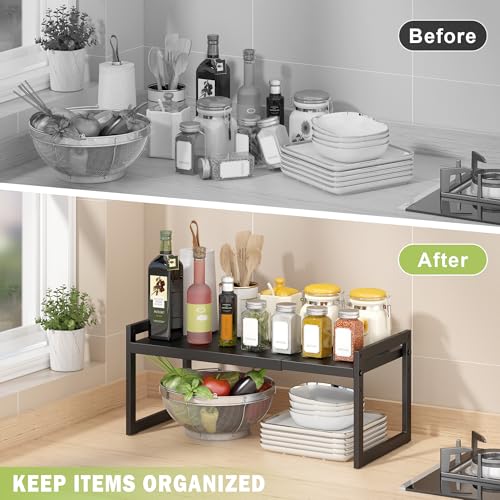 DOLALIKE Expandable kitchen Countertop Organizer, Stackable Cabinet Shelf Organizers, Space Saving Spice Rack Pantry Storage for Bathroom Office (Black, 1 Pack) - Image 3