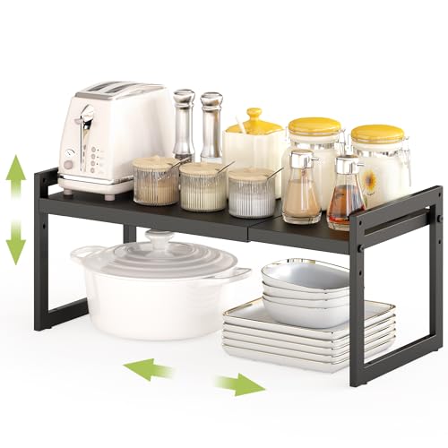 DOLALIKE Expandable kitchen Countertop Organizer, Stackable Cabinet Shelf Organizers, Space Saving Spice Rack Pantry Storage for Bathroom Office (Black, 1 Pack) - Image 1