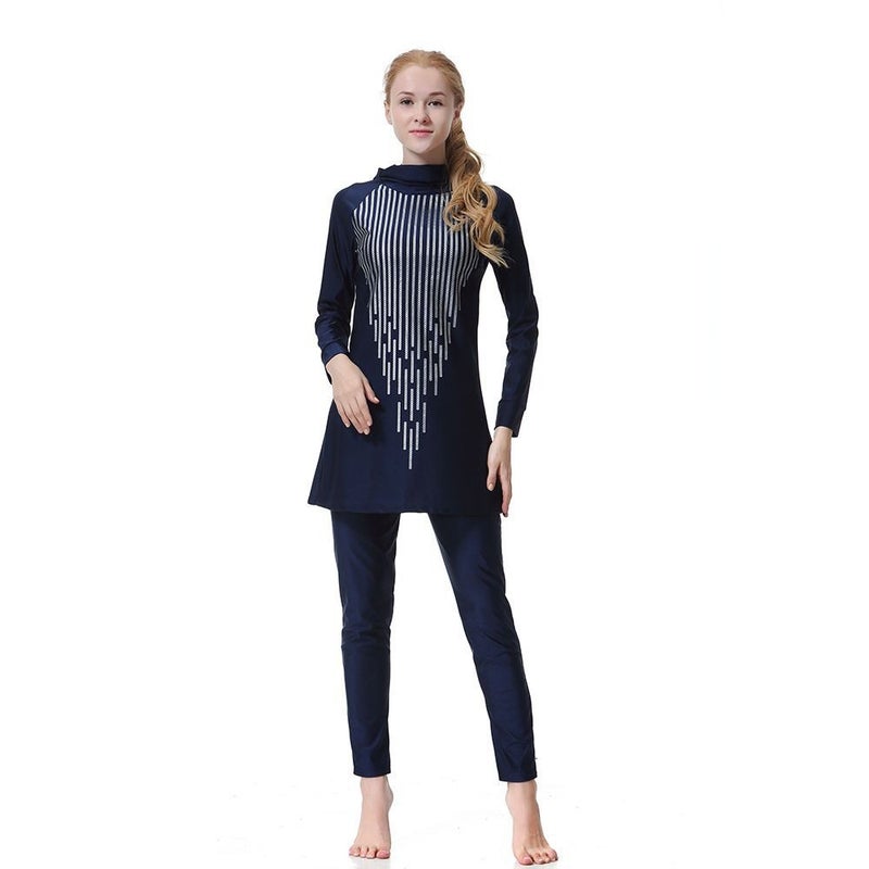 Modest 3‑Piece Colour‑Block Swimsuit Set – Full Coverage Conservative Swimwear with UPF Sun Protection, Quick‑Dry, Plus Size S–XXXL (Navy Blue/Blue/Black) - Image 1