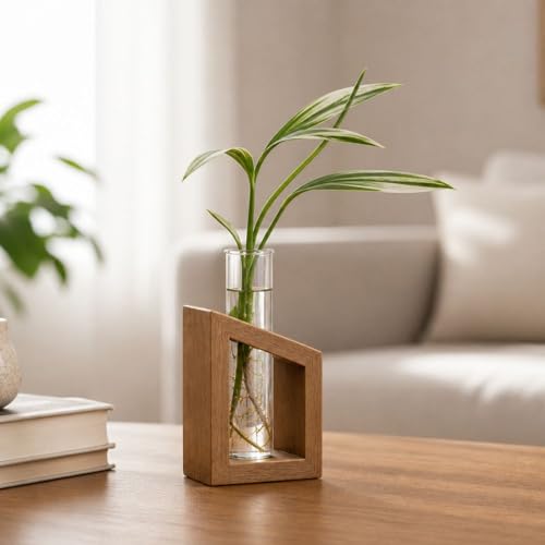 LABZIO Home - Flower Vase in a Artistic Wooden Stand with 3.3 Borosilicate Glass Tube, Pack of 1 - Image 1