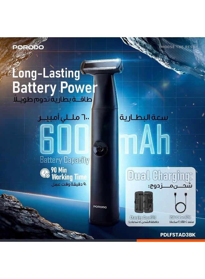 porodo Veltrim Rechargeable Trimmer / 5 Interchangeable Heads / Wet & Dry Shaving / IPX7 Waterproof / 90 Min Runtime / USB-C Charging / 6820RPM Motor - Black - Image 2