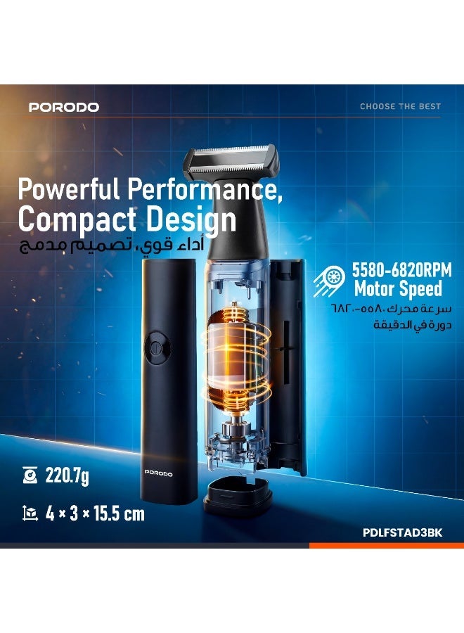 porodo Veltrim Rechargeable Trimmer / 5 Interchangeable Heads / Wet & Dry Shaving / IPX7 Waterproof / 90 Min Runtime / USB-C Charging / 6820RPM Motor - Black - Image 3