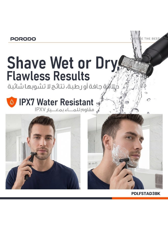 porodo Veltrim Rechargeable Trimmer / 5 Interchangeable Heads / Wet & Dry Shaving / IPX7 Waterproof / 90 Min Runtime / USB-C Charging / 6820RPM Motor - Black - Image 5