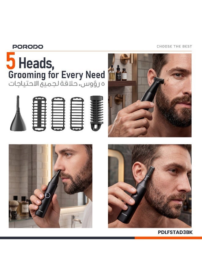 porodo Veltrim Rechargeable Trimmer / 5 Interchangeable Heads / Wet & Dry Shaving / IPX7 Waterproof / 90 Min Runtime / USB-C Charging / 6820RPM Motor - Black - Image 4