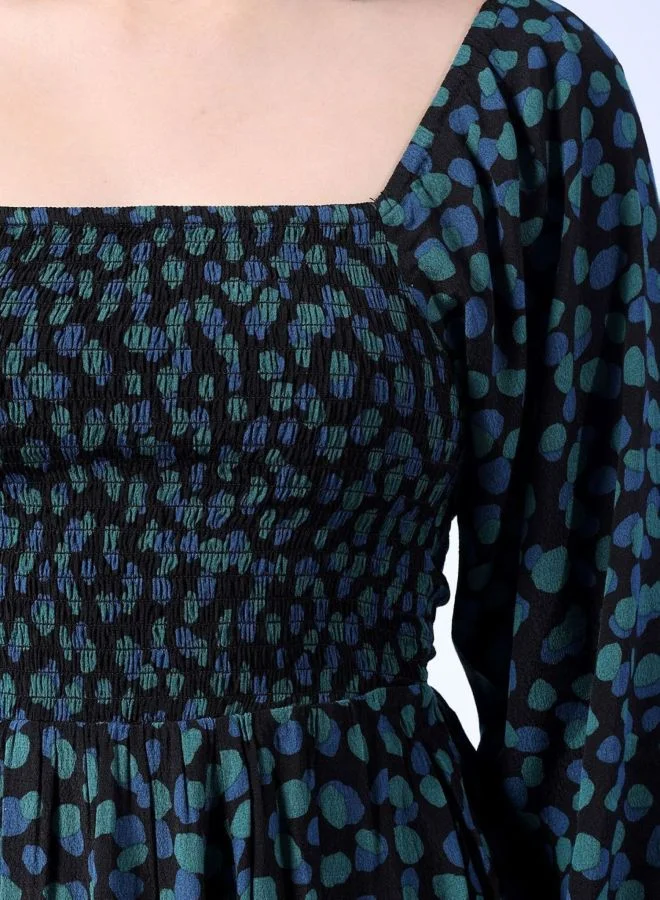 Freehand  Women Fit and Flared Abstract Printed Square Neck Long Sleeve Midi Dress for Women | Best Price UAE