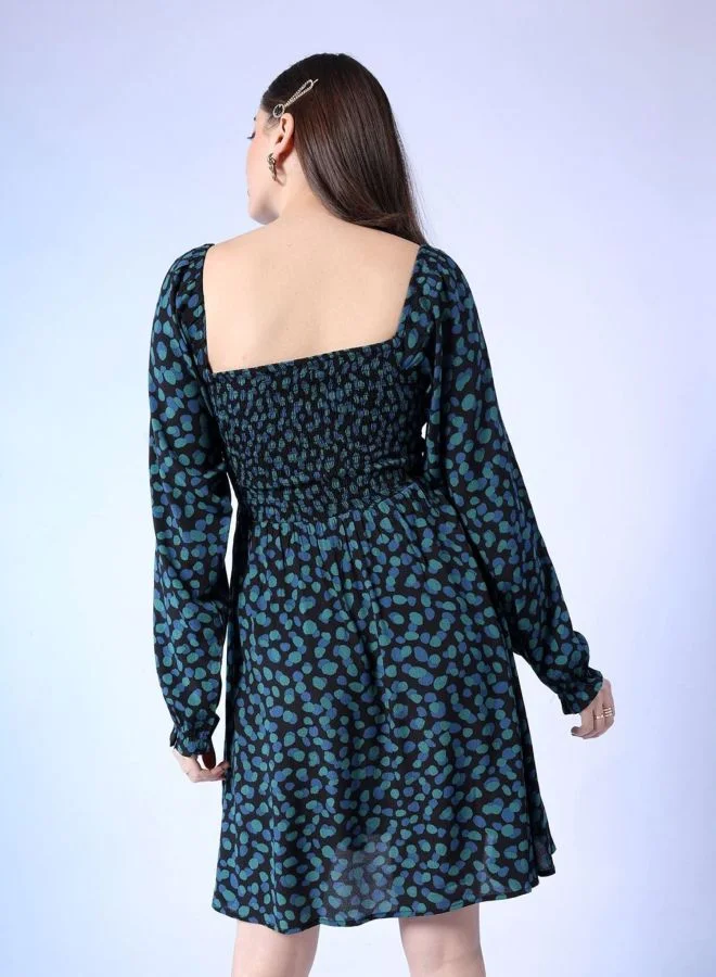 Freehand  Women Fit and Flared Abstract Printed Square Neck Long Sleeve Midi Dress for Women | Best Price UAE