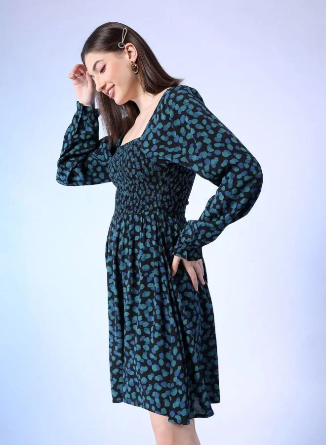 Freehand  Women Fit and Flared Abstract Printed Square Neck Long Sleeve Midi Dress for Women | Best Price UAE