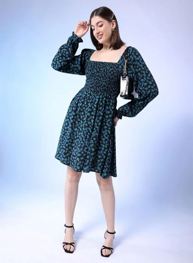 Freehand  Women Fit and Flared Abstract Printed Square Neck Long Sleeve Midi Dress for Women | Best Price UAE