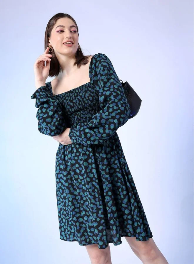 Women Fit and Flared Abstract Printed Square Neck Long Sleeve Midi Dress