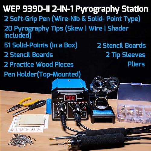 WEP 939D-II 2-IN-1 Wood Burning Kit 86-IN-1 with 51 Solid Points and 20 Wire Nibs Wood Burner with 2 Letter Number Stencils, 2 Unfinished Wood, 1 Pen Holder, Burning Tool - Image 2