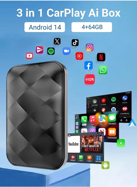 Android 14.0 CarPlay Box Wireless Android Auto, 3-in-1 Car AI Box - Car Adapter Support 5G/2.4G Wifi, Bluetooth 5.0, 4+64G ,Plug And Play