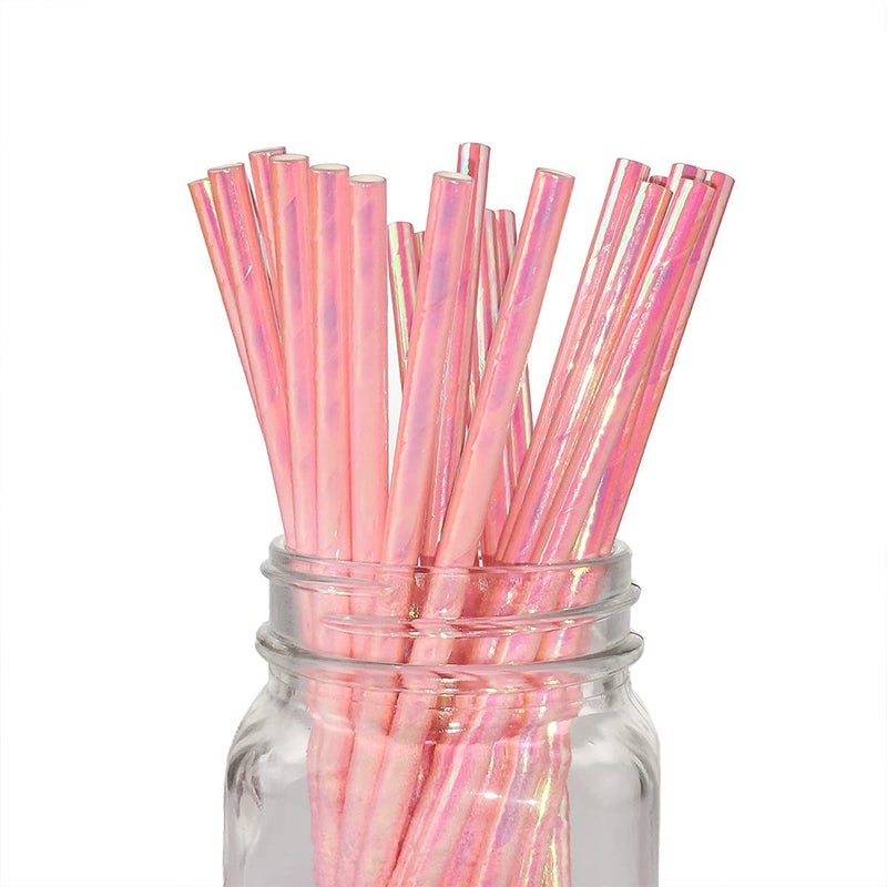 Coral Pink Pearl Paper Straws Bulk 100 Iridescent Pink Paper Straws Cocktail Iridescent Decorations Disposable Sparkle Straws for Pink Party Birthday Wedding in Bright Rainbow