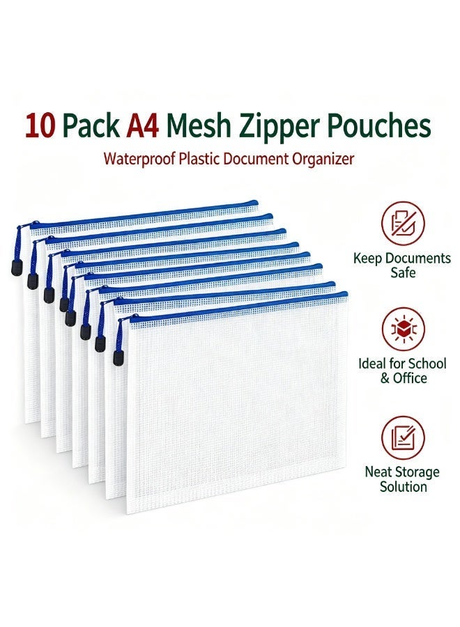 10 Pack A4 Mesh Zipper File Pouches, Waterproof Plastic Zipper Bags, Document Organizer for School Office Supplies, Board Game Cards Storage, White & Blue 13.4×9.4 Inch - Image 3