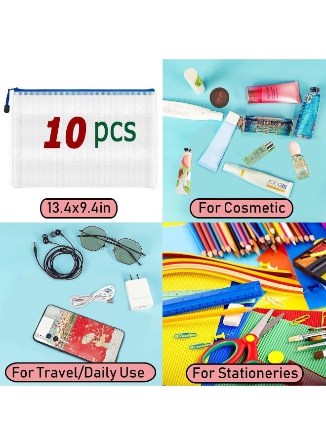 10 Pack A4 Mesh Zipper File Pouches, Waterproof Plastic Zipper Bags, Document Organizer for School Office Supplies, Board Game Cards Storage, White & Blue 13.4×9.4 Inch - Image 5