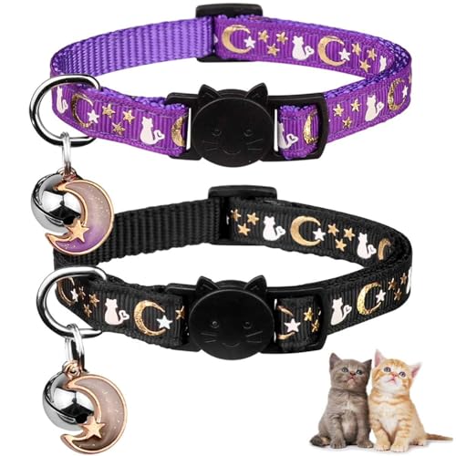 TecoKart Cat Collar with Bell, 2 Pack Adjustable Cat Neck Collar Belt with Safety Buckle and Night Glow, Soft Kitten Collar for Cats and Kittens – Black & Purple - Image 1