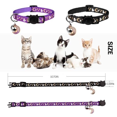 TecoKart Cat Collar with Bell, 2 Pack Adjustable Cat Neck Collar Belt with Safety Buckle and Night Glow, Soft Kitten Collar for Cats and Kittens – Black & Purple - Image 2