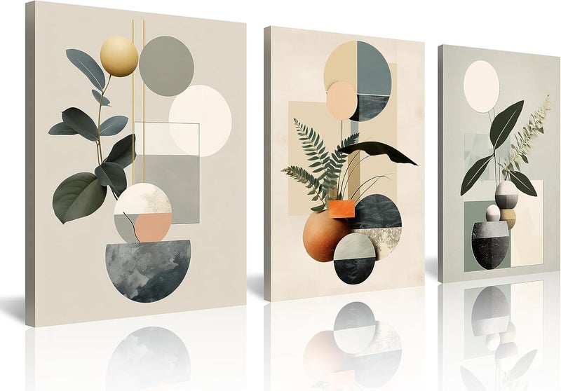 NAN Wind Modern Minimalism Wall Decor Set of 3 Boho Wall Art Mid-Century Framed Botanical Plant Geometric Canvas Art Abstract Minimalist Art Prints For Living Room Bedroom Kitchen Office Home Decor - Image 1