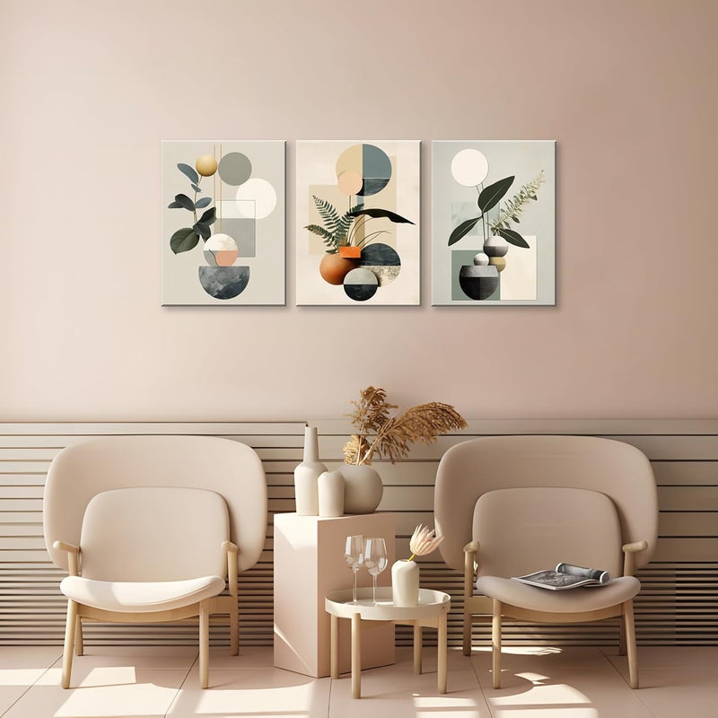 NAN Wind Modern Minimalism Wall Decor Set of 3 Boho Wall Art Mid-Century Framed Botanical Plant Geometric Canvas Art Abstract Minimalist Art Prints For Living Room Bedroom Kitchen Office Home Decor - Image 3