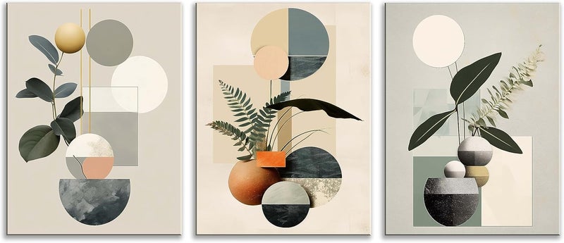 NAN Wind Modern Minimalism Wall Decor Set of 3 Boho Wall Art Mid-Century Framed Botanical Plant Geometric Canvas Art Abstract Minimalist Art Prints For Living Room Bedroom Kitchen Office Home Decor - Image 2