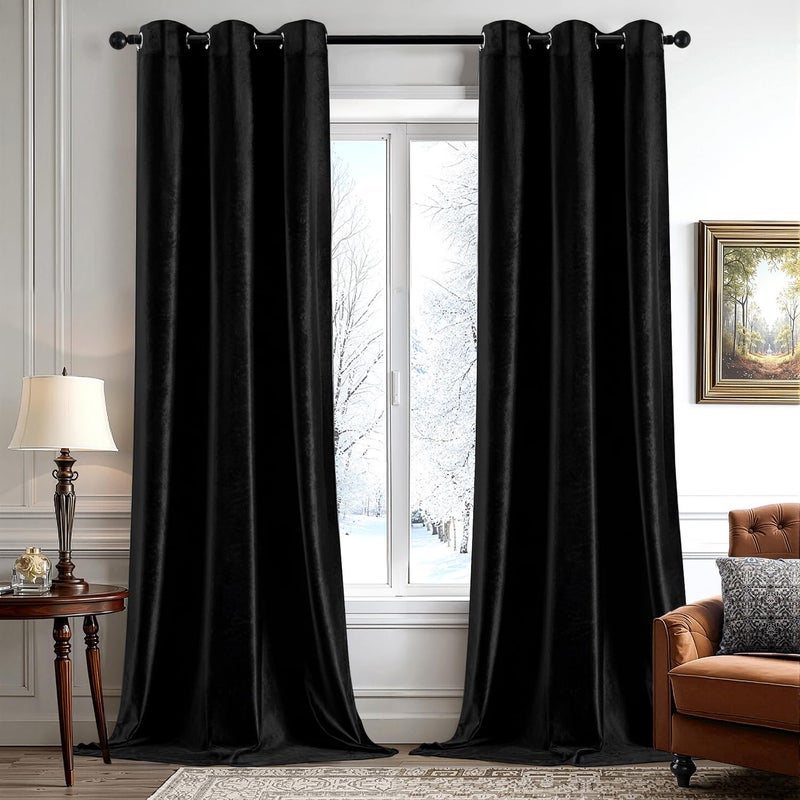 ANRODUO Black Velvet Curtains 96 Inches Long Blackout Thermal Insulated Soundproof Curtain Privacy Room Darkening Curtains Grommet Window Drapes for Bedroom Living Room 42 x 96 Inch Set of 2 - Image 1
