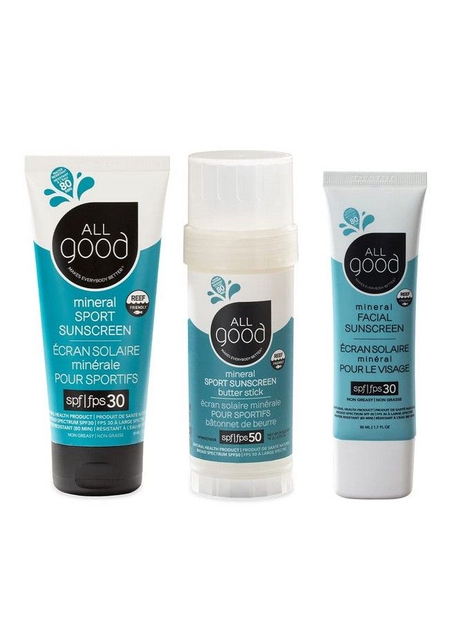 All Good Makes Everything Better All Good Sport Mineral Sunscreen & Facial Sunscreen Bundle Uva/Uvb Broad Spectrum Water Resistant Includes (1) Spf 50 Butter Stick (1) Spf 30 Lotion & (1) Spf 30 Facial Sunscreen  - Image 1