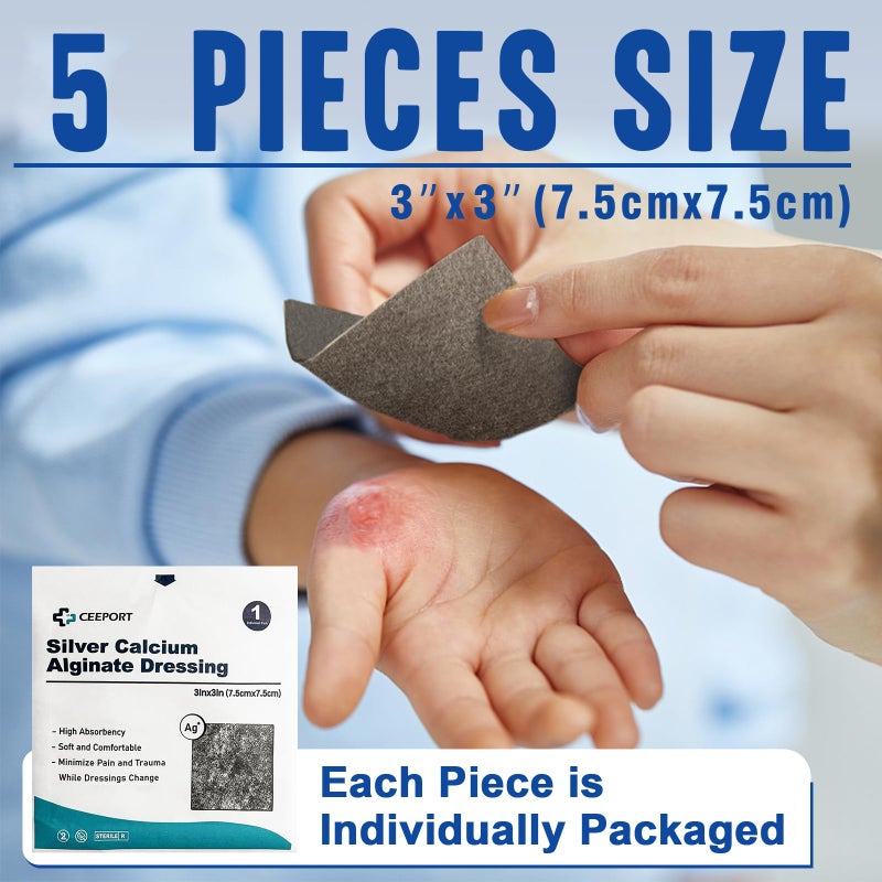 Ceeport Silver Calcium Alginate Wound Dressing 3'' x 3'', 5 Individual Pack, Highly Absorbent Dressing Gauze, Soft and Comfortable Silver Dressing for Wound Care, Non Stick Pads for Wounds - Image 5