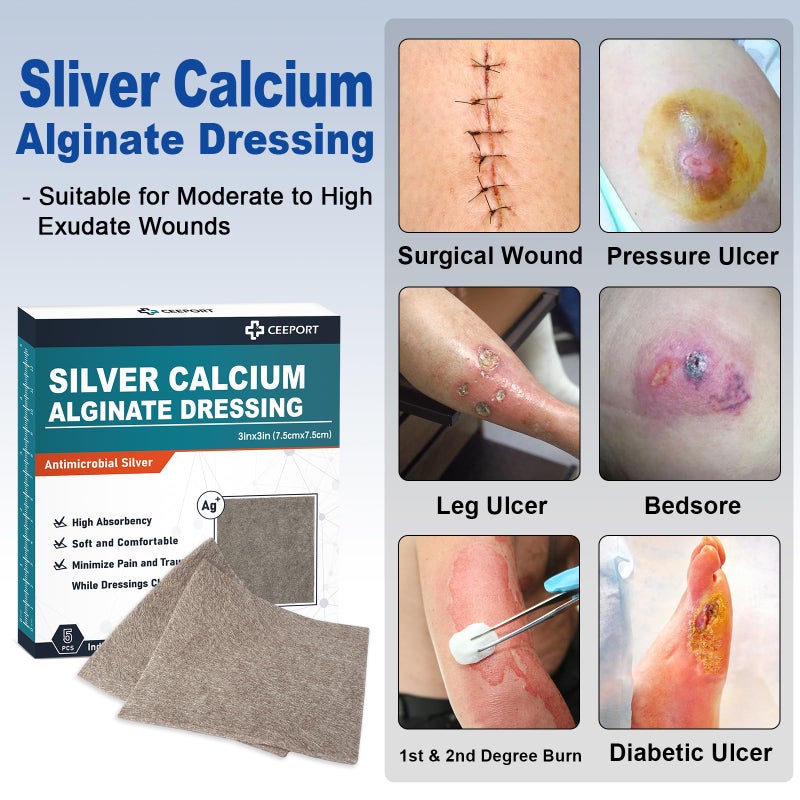 Ceeport Silver Calcium Alginate Wound Dressing 3'' x 3'', 5 Individual Pack, Highly Absorbent Dressing Gauze, Soft and Comfortable Silver Dressing for Wound Care, Non Stick Pads for Wounds - Image 2