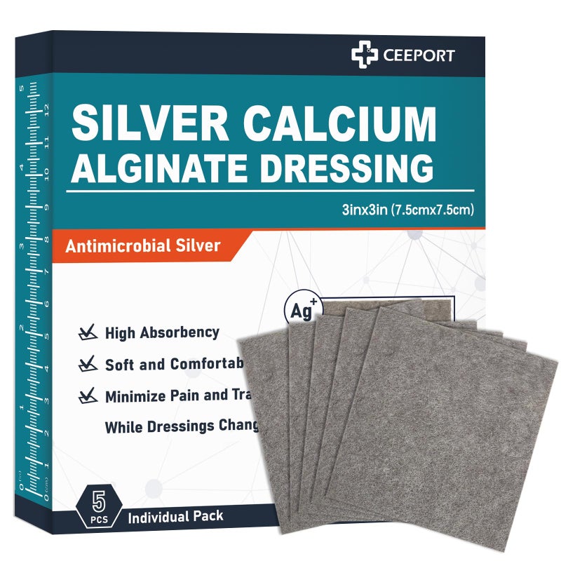 Ceeport Silver Calcium Alginate Wound Dressing 3'' x 3'', 5 Individual Pack, Highly Absorbent Dressing Gauze, Soft and Comfortable Silver Dressing for Wound Care, Non Stick Pads for Wounds - Image 1