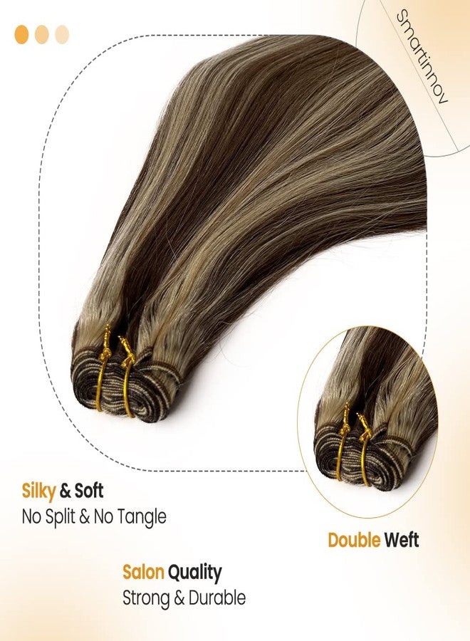 Smartinnov Sew in Weft Hair Extensions Blonde Highlight Human Hair Hand Tied 20 Inch 100Grams Ombre Blonde with Brown Roots Balayage Blonde Double Weft Full Ends Sew in Bundles for Women Adding Hairs - Image 3