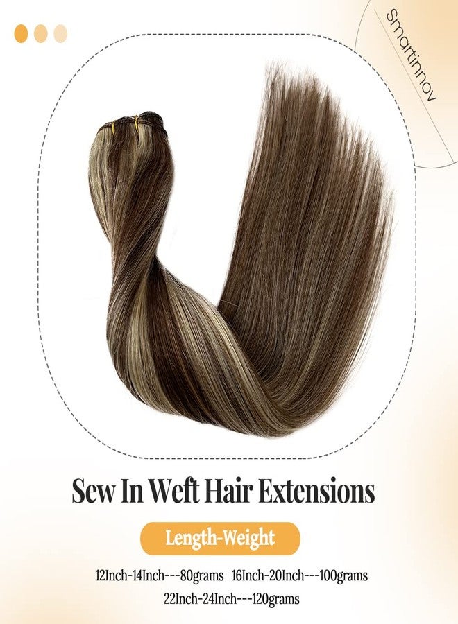 Smartinnov Sew in Weft Hair Extensions Blonde Highlight Human Hair Hand Tied 20 Inch 100Grams Ombre Blonde with Brown Roots Balayage Blonde Double Weft Full Ends Sew in Bundles for Women Adding Hairs - Image 2