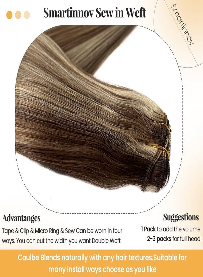 Smartinnov Sew in Weft Hair Extensions Blonde Highlight Human Hair Hand Tied 20 Inch 100Grams Ombre Blonde with Brown Roots Balayage Blonde Double Weft Full Ends Sew in Bundles for Women Adding Hairs - Image 4