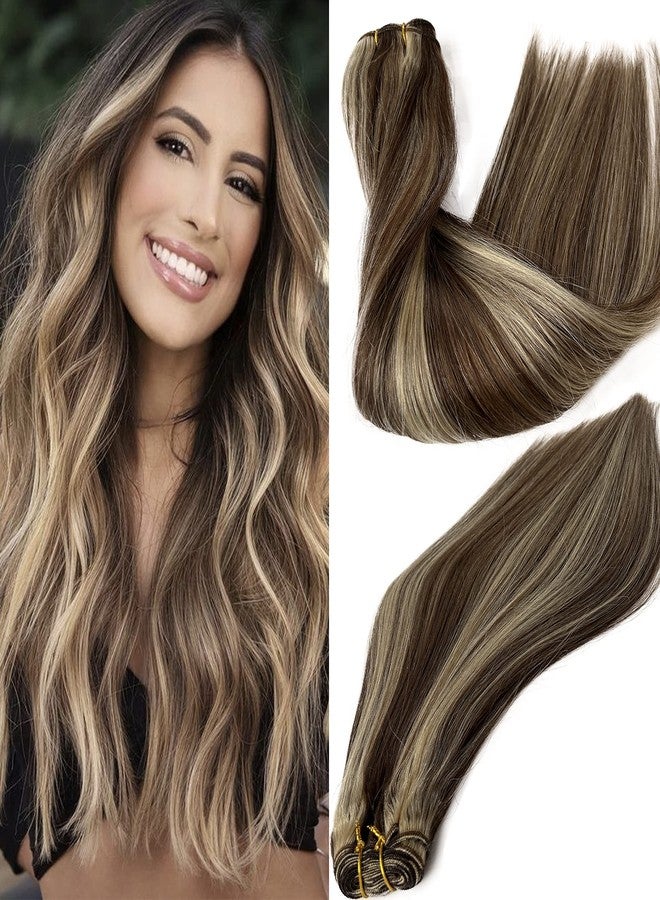 Smartinnov Sew in Weft Hair Extensions Blonde Highlight Human Hair Hand Tied 20 Inch 100Grams Ombre Blonde with Brown Roots Balayage Blonde Double Weft Full Ends Sew in Bundles for Women Adding Hairs - Image 1