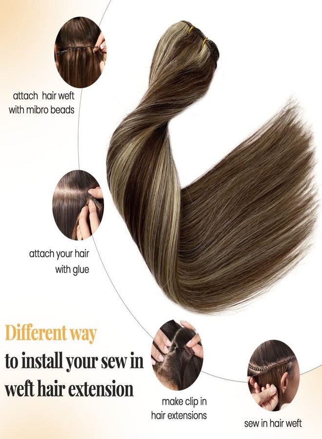 Smartinnov Sew in Weft Hair Extensions Blonde Highlight Human Hair Hand Tied 20 Inch 100Grams Ombre Blonde with Brown Roots Balayage Blonde Double Weft Full Ends Sew in Bundles for Women Adding Hairs - Image 5