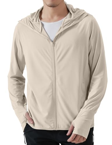 Locachy Men's UPF 50+ Sun Protection Outdoor Lightweight Full Zip Hoodie Jacket Long Sleeve Fishing Hiking Performance Shirt Light Khaki XXL - Image 1