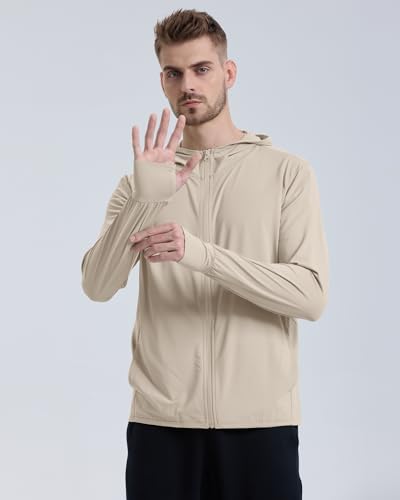 Locachy Men's UPF 50+ Sun Protection Outdoor Lightweight Full Zip Hoodie Jacket Long Sleeve Fishing Hiking Performance Shirt Light Khaki XXL - Image 3