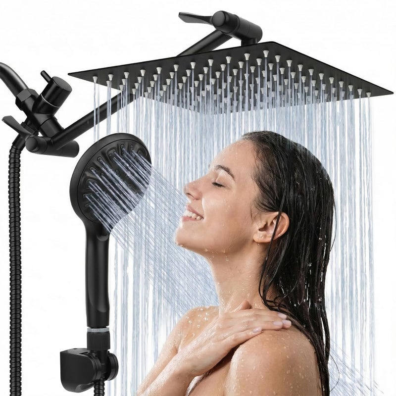 Tudoccy Shower Head, 8â€˜â€™ High Pressure Rainfall Shower Head/Handheld Shower Combo with 11'' Extension Arm, 9 Settings Anti-leak Shower Head with Holder, Height/Angle Adjustable, Matte Black - Image 1