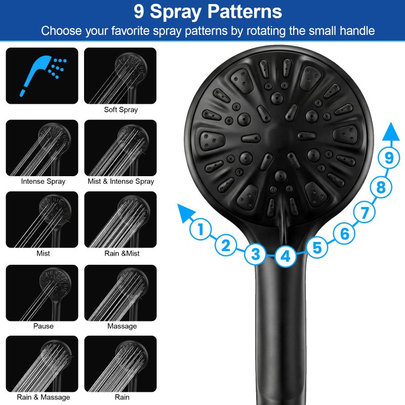 Tudoccy Shower Head, 8â€˜â€™ High Pressure Rainfall Shower Head/Handheld Shower Combo with 11'' Extension Arm, 9 Settings Anti-leak Shower Head with Holder, Height/Angle Adjustable, Matte Black - Image 3