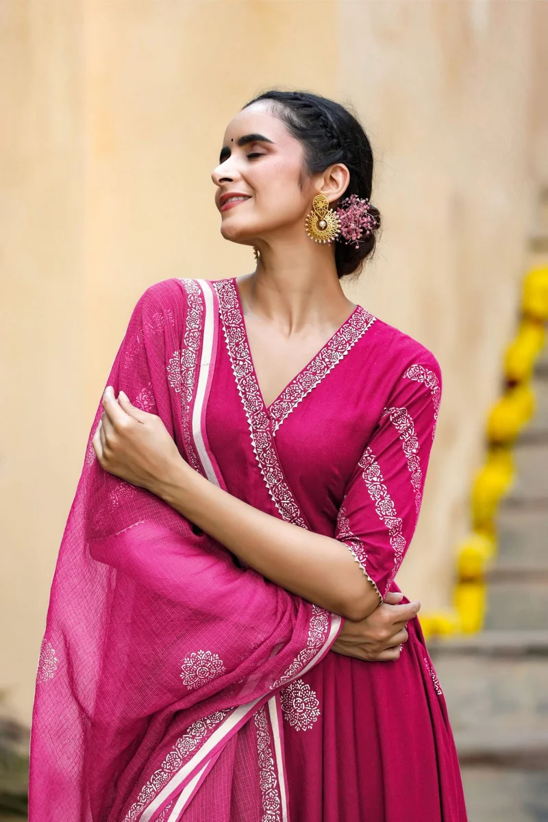 GoSriKi Pink GoSriKi Women's Rayon Blend Anarkali Printed Kurta with Pant & Dupatta (Berlin Pink-GS_L_Pink_Large) for Women | Best Price UAE