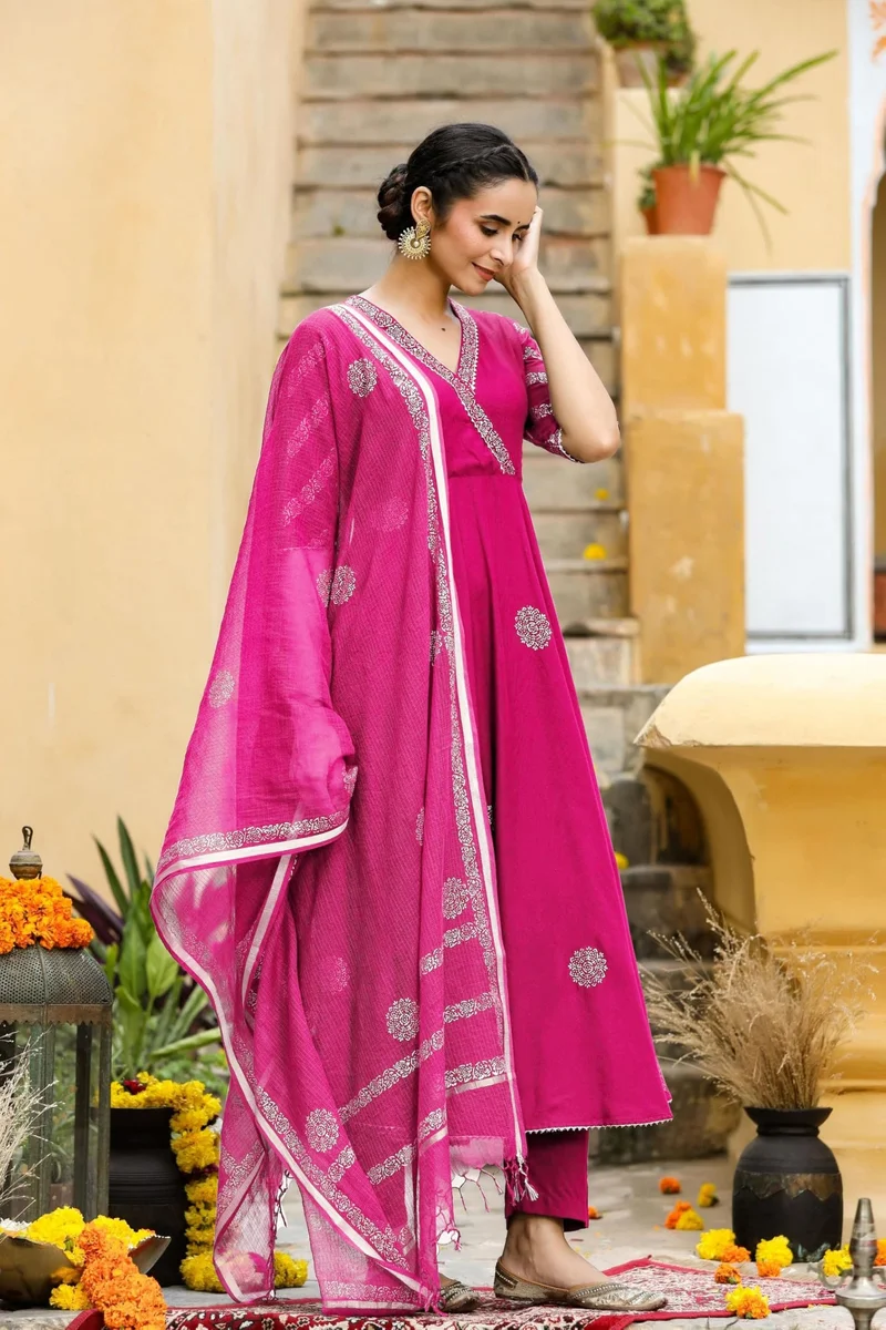 GoSriKi Pink GoSriKi Women's Rayon Blend Anarkali Printed Kurta with Pant & Dupatta (Berlin Pink-GS_L_Pink_Large) for Women | Best Price UAE
