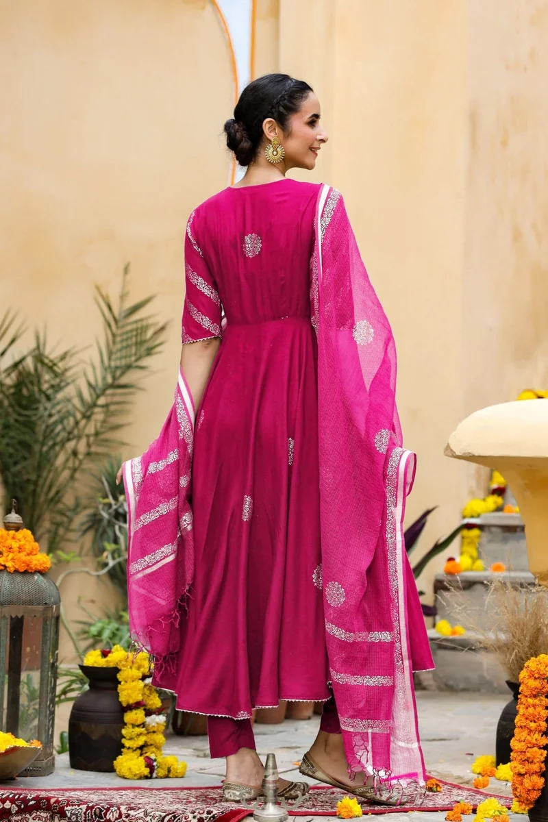 GoSriKi Pink GoSriKi Women's Rayon Blend Anarkali Printed Kurta with Pant & Dupatta (Berlin Pink-GS_L_Pink_Large) for Women | Best Price UAE