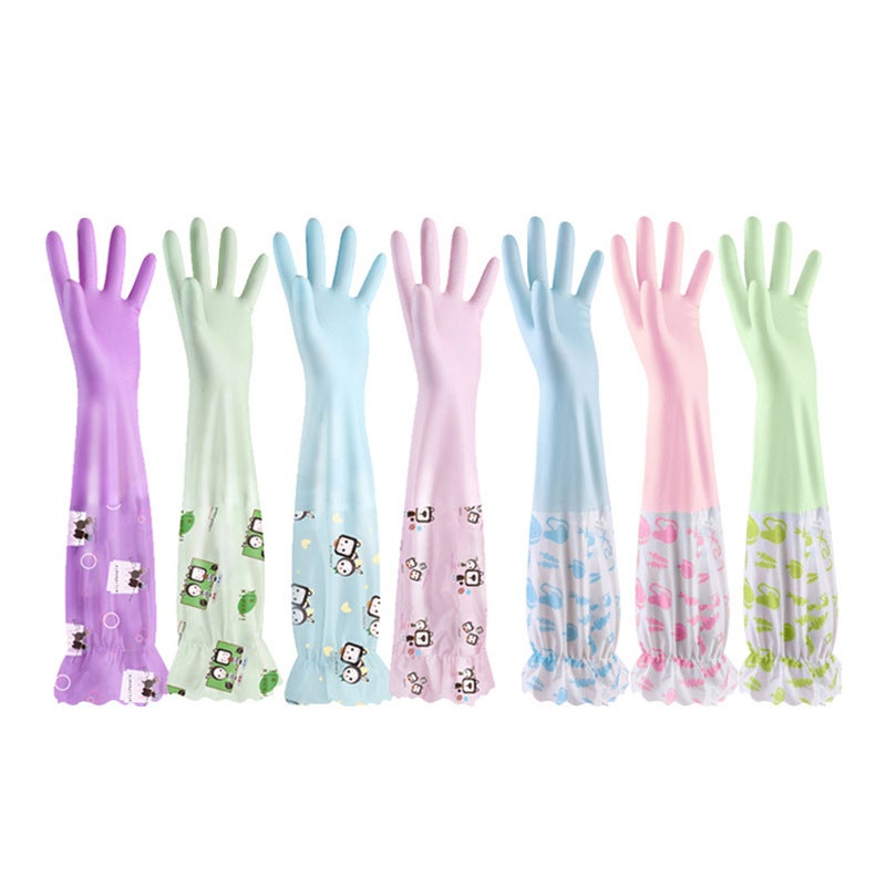 Wash vegetables gloves wash dishes waterproof womens kitchen durable household cleaning rubber latex leather velvet winter washing clothes Long [ruffled] double-layer Velvet Long [ruffled] double-layer Velvet