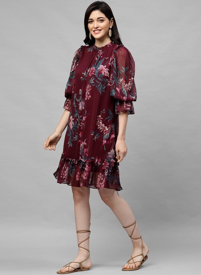 Athena فستان A-Line مزخرف بالألوان المارونية والوردية للنساء - Image 4