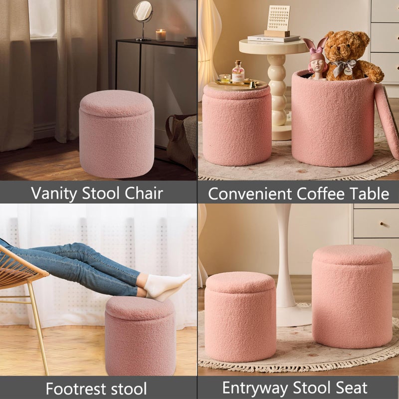 BLEXA Round Ottoman with Storage Set of 2-Upholstered Sherpa Vanity Stool for MakeupMultifunctional Ottomans Coffee Table Padded Seat Foot Rest for LivingRoom&Bedroom(Sherpa Pink) - Image 5