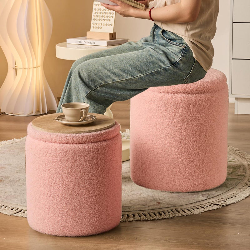 BLEXA Round Ottoman with Storage Set of 2-Upholstered Sherpa Vanity Stool for MakeupMultifunctional Ottomans Coffee Table Padded Seat Foot Rest for LivingRoom&Bedroom(Sherpa Pink) - Image 3