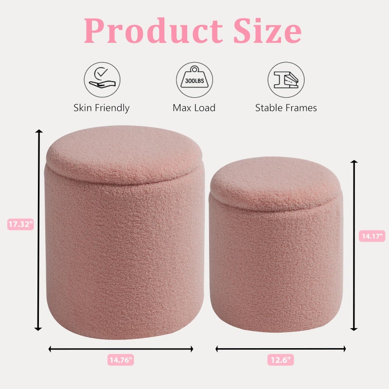 BLEXA Round Ottoman with Storage Set of 2-Upholstered Sherpa Vanity Stool for MakeupMultifunctional Ottomans Coffee Table Padded Seat Foot Rest for LivingRoom&Bedroom(Sherpa Pink) - Image 2