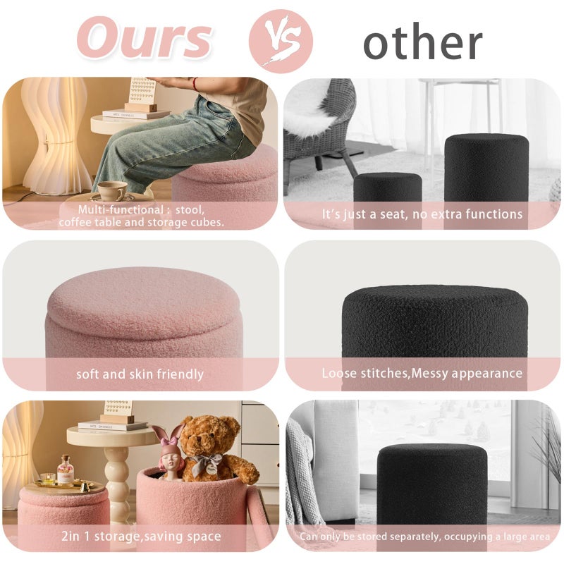 BLEXA Round Ottoman with Storage Set of 2-Upholstered Sherpa Vanity Stool for MakeupMultifunctional Ottomans Coffee Table Padded Seat Foot Rest for LivingRoom&Bedroom(Sherpa Pink) - Image 4