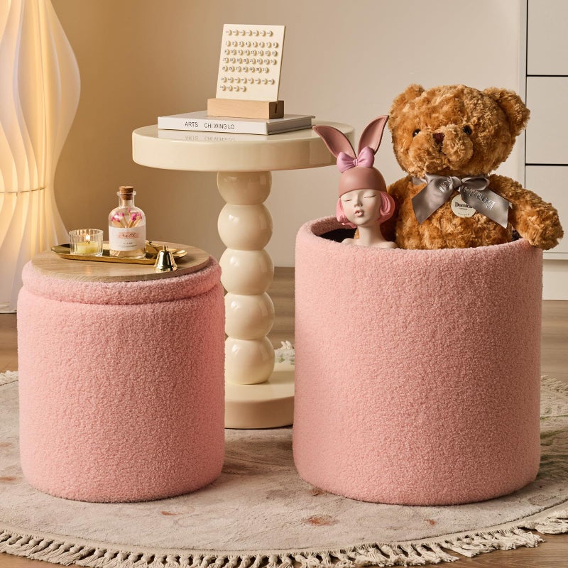 BLEXA Round Ottoman with Storage Set of 2-Upholstered Sherpa Vanity Stool for MakeupMultifunctional Ottomans Coffee Table Padded Seat Foot Rest for LivingRoom&Bedroom(Sherpa Pink) - Image 1