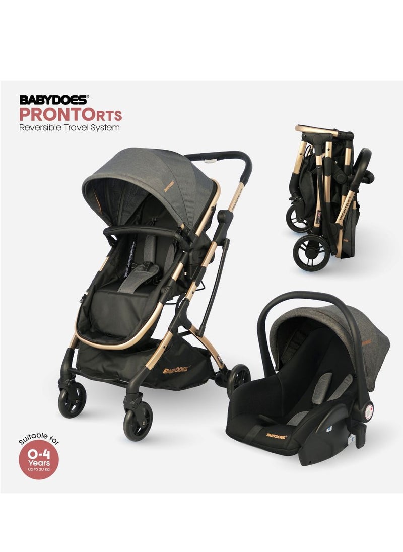 BABYDOES PRONTO RTS Baby Stroller With Reversible Travel System 5-Point Harness Infant Carrier And Adjustable Backrest Footrest 0 To 4 Year Dark Grey  - Image 1