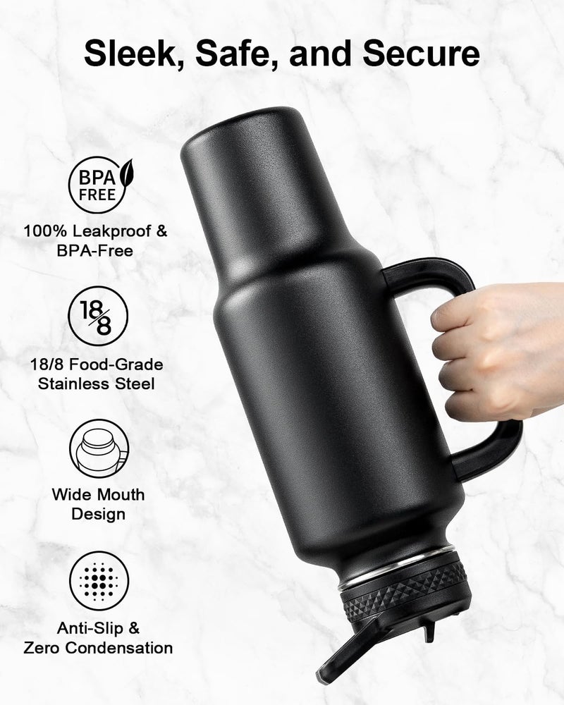 Trebo 40 oz Water Bottle Insulated Fit Car Cup Holder with Handle Stainless Steel Water Bottles Tumbler with Spout Straw Lids Double Wall Travel Reusable Flask Leakproof MugKeep Cold HotBlack - Image 4