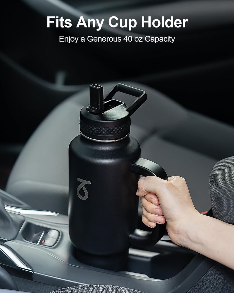 Trebo 40 oz Water Bottle Insulated Fit Car Cup Holder with Handle Stainless Steel Water Bottles Tumbler with Spout Straw Lids Double Wall Travel Reusable Flask Leakproof MugKeep Cold HotBlack - Image 2